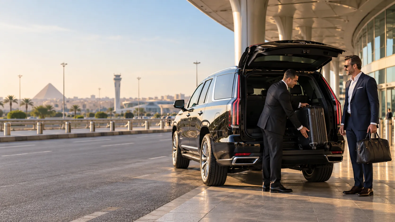 Driver loading luggage into an SUV at an airport kerb