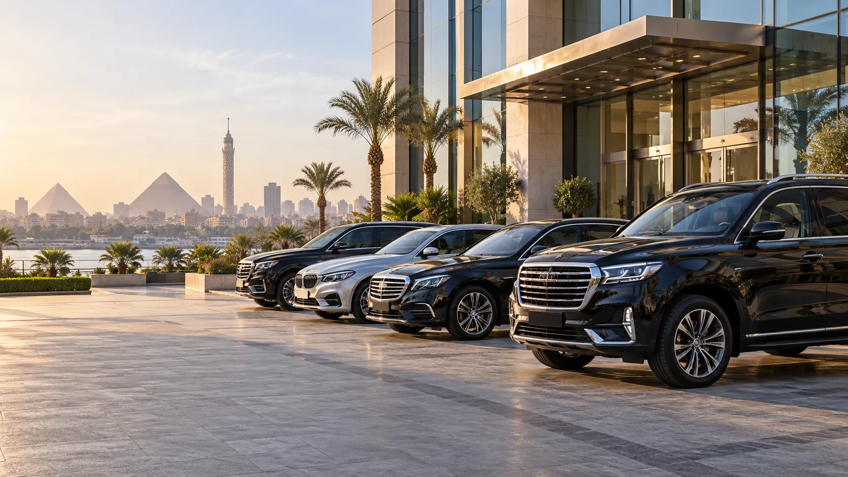 Executive sedans and SUVs parked outside a corporate building in Cairo
