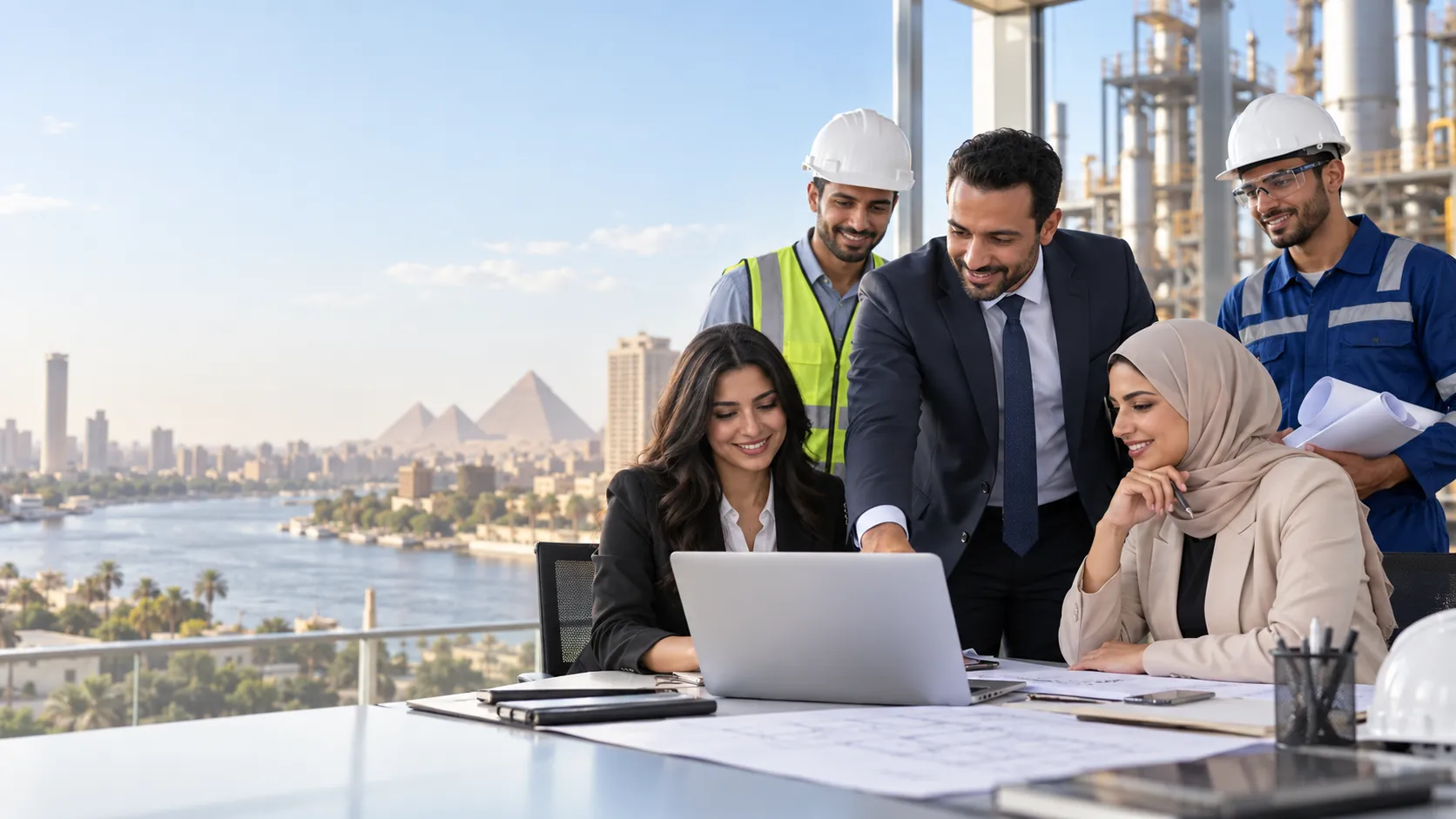 Project team reviewing plans in an office overlooking the Nile