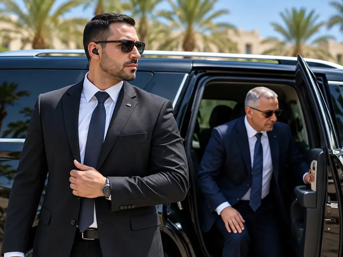 Close-protection officer assisting an executive beside a secure vehicle in Egypt