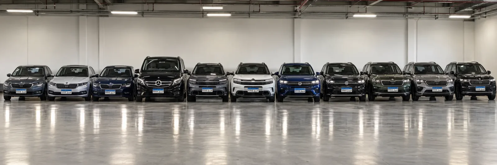 Skoda Octavia, Mercedes-Benz V-Class, Citroen C5 Aircross, Volkswagen Tiguan and Skoda Kodiaq vehicles lined up in a garage