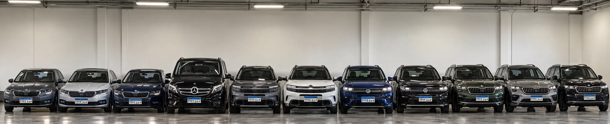 Row of corporate rental vehicles including Skoda, Mercedes-Benz, Citroen and Volkswagen models