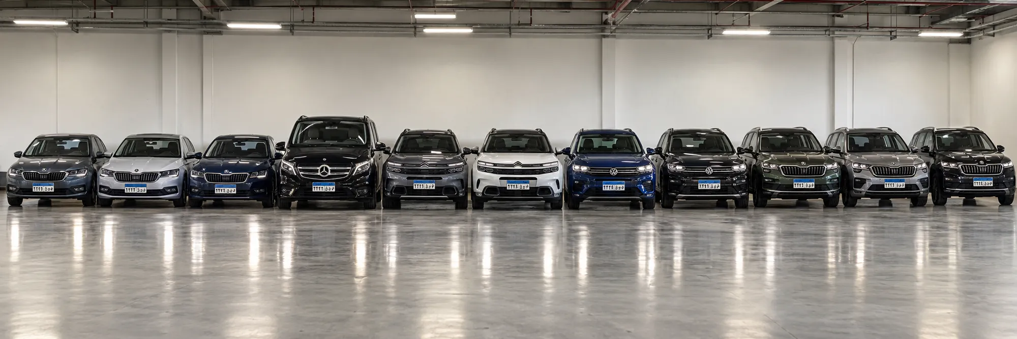 Magnum corporate fleet: Skoda Octavia, Mercedes-Benz V-Class, Citroen C5 Aircross, Volkswagen Tiguan and Skoda Kodiaq lined up in a garage