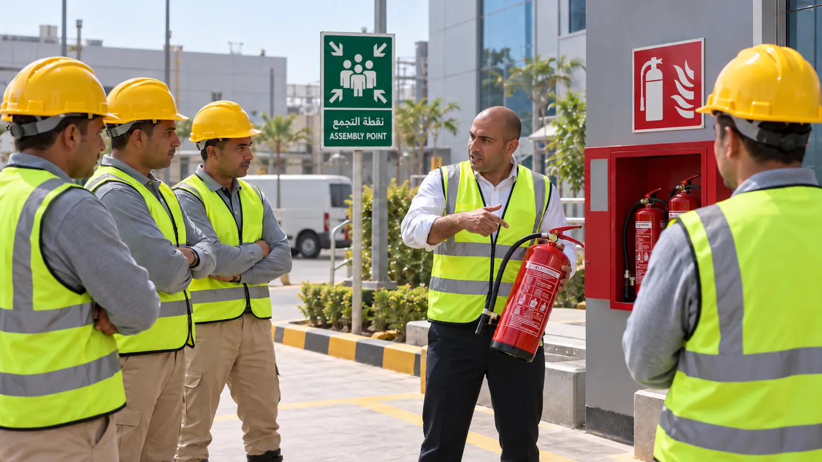 Safety lead briefing officers beside fire equipment at an assembly point