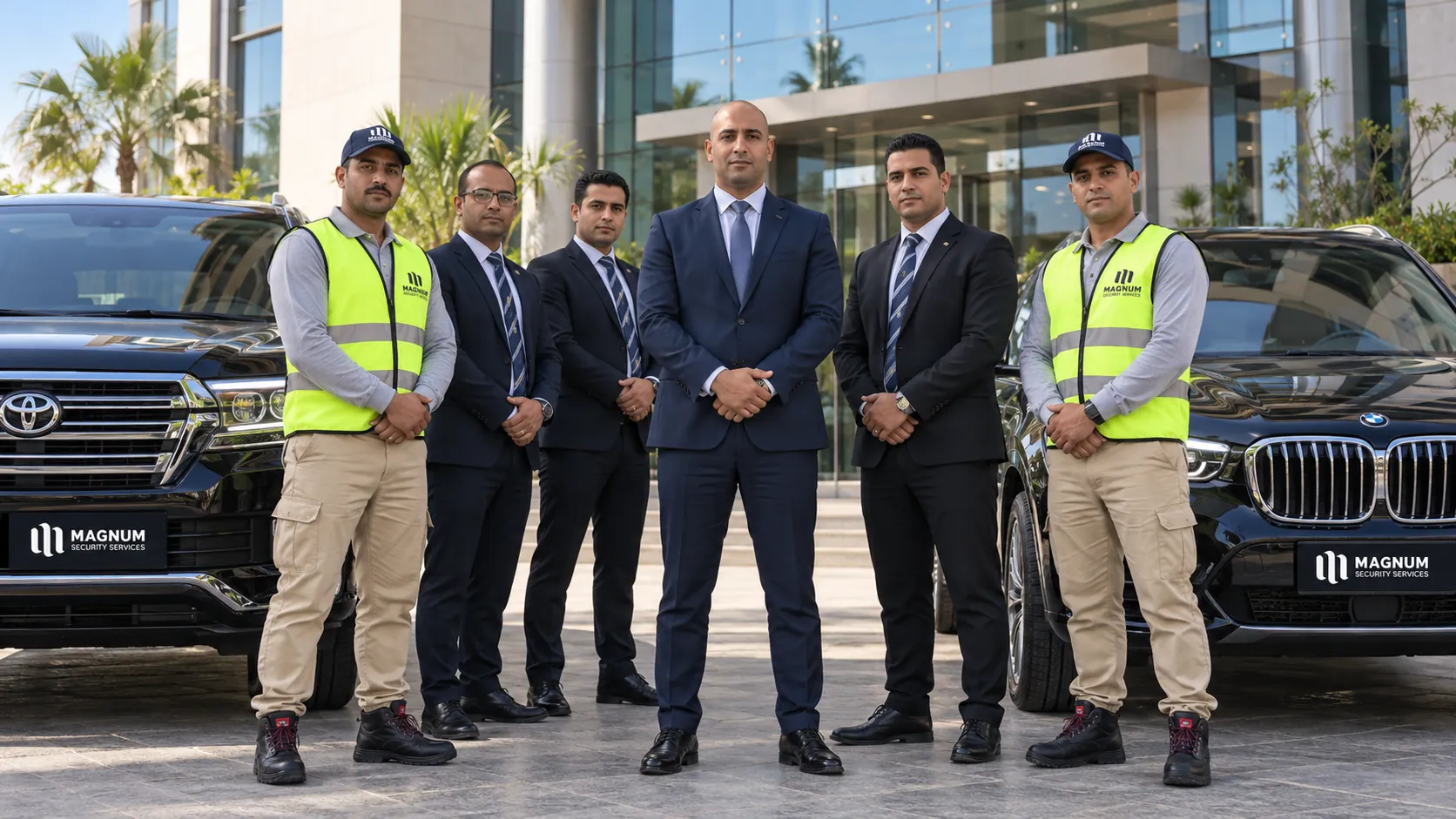 Magnum security officers and supervisors with service vehicles outside a corporate building