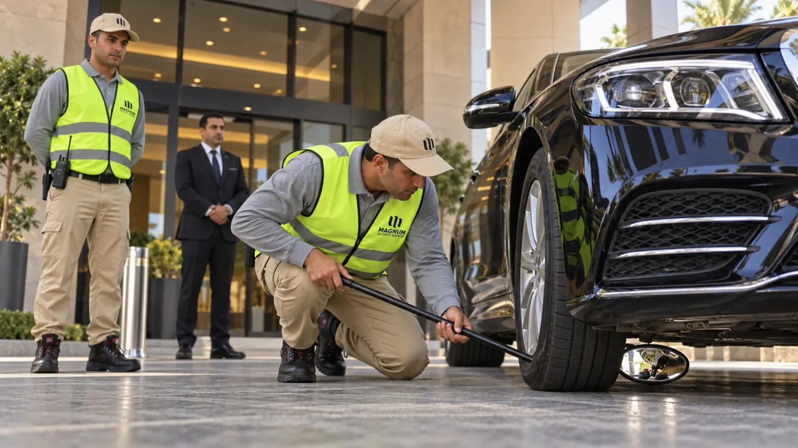 Security officer inspecting the underside of a car with a mirror at a building entrance