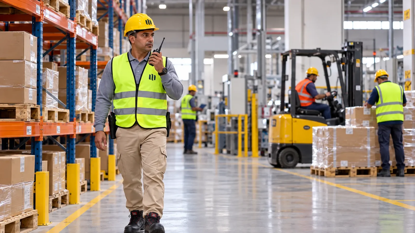 Security officer patrolling a warehouse aisle and speaking on a radio