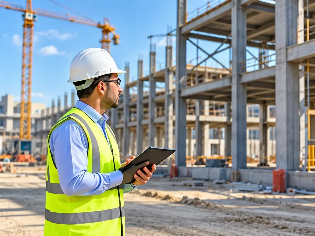Security supervisor assessing risks at an office or factory construction site